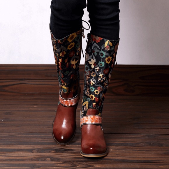 SOFFIA | FLORAL TIE-ACCENT KNEE-HIGH LEATHER BOOTS - Picture 2 of 12